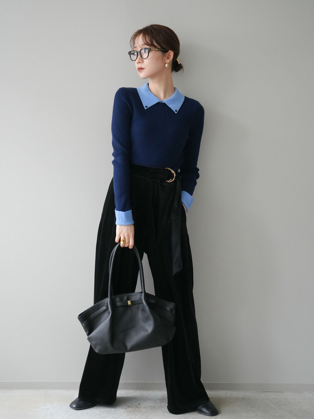 [予約]ニットカフス襟付き配色リブニットトップス/navy