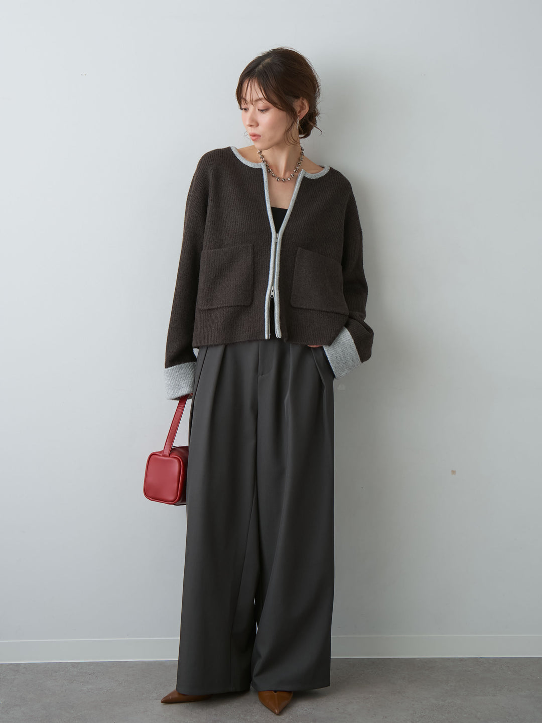 [SET]バイカラーWポケットリブジップカーディガン+バイカラーWポケットリブジップカーディガン(2set)