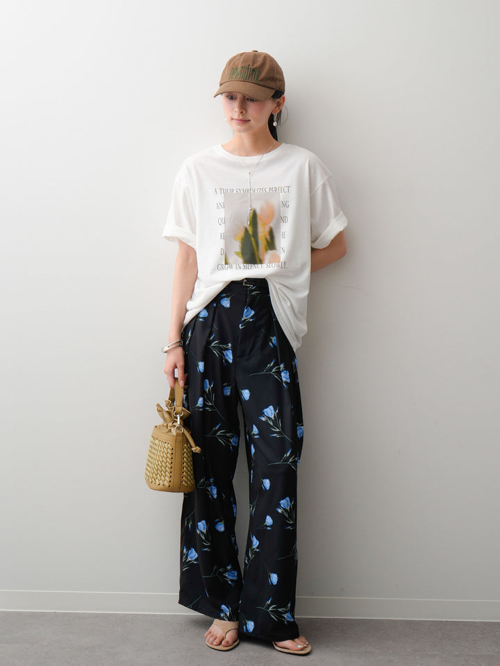 [SET]フラワーフォトTEE+フラワープリントドレープタックパンツ(2set)