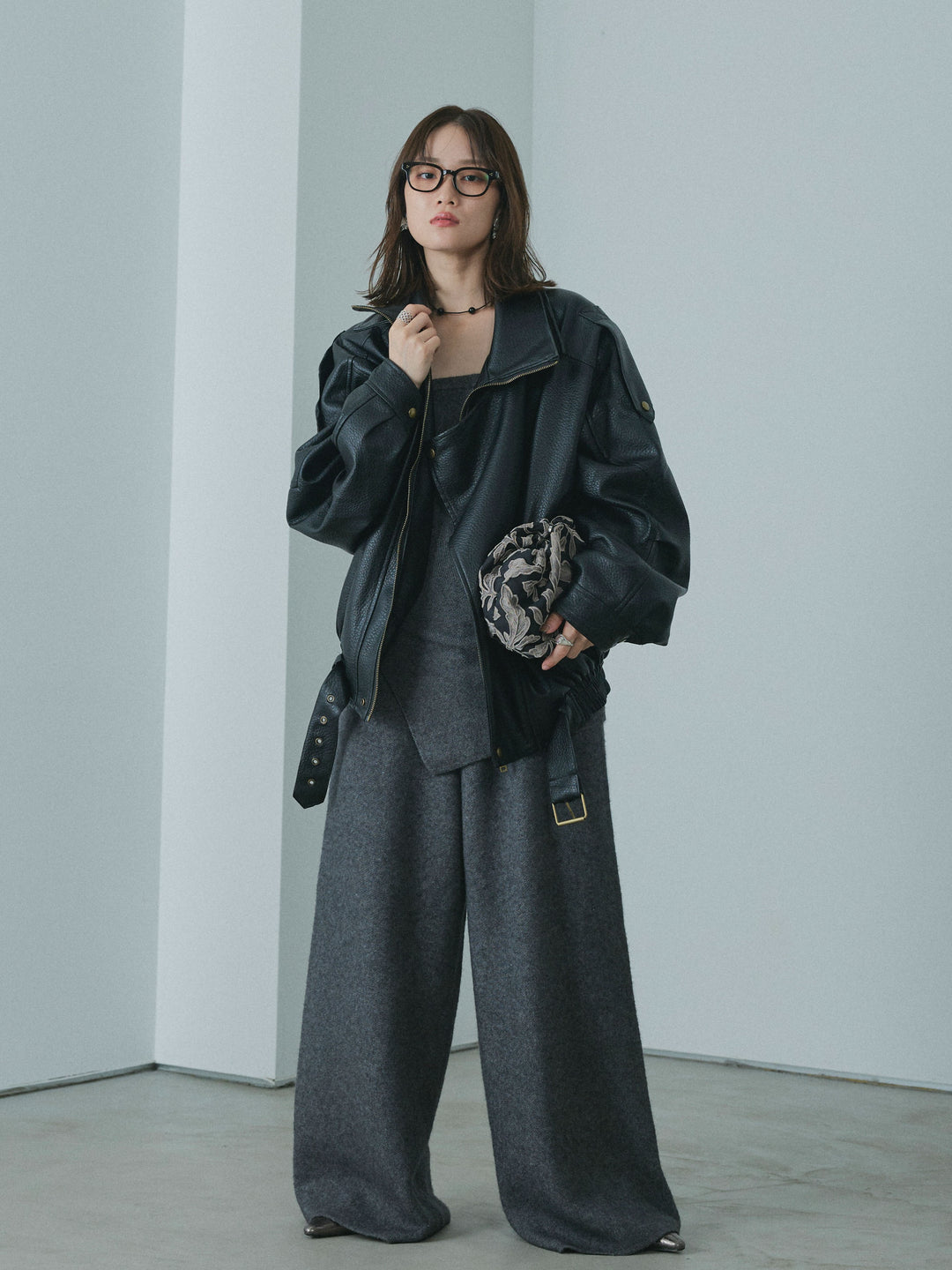 【Allure】[SET]ニットベアトップ＆ワイドパンツSET UP+スタンドカラーレザーブルゾン(2set)