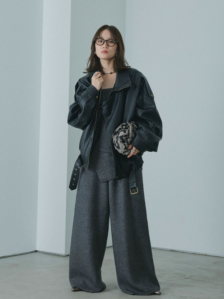 【Allure】[SET]ニットベアトップ＆ワイドパンツSET UP+スタンドカラーレザーブルゾン(2set)