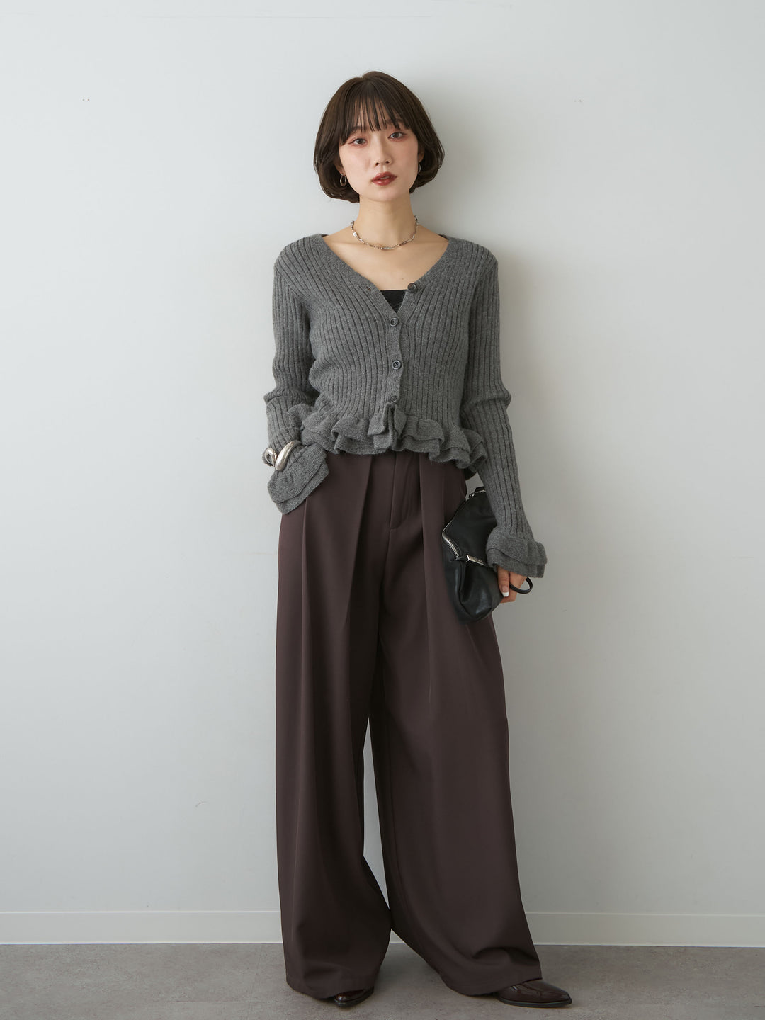 [SET]アルパカタッチフリルカーディガン+ベルトループデザインワイドパンツ(2set)