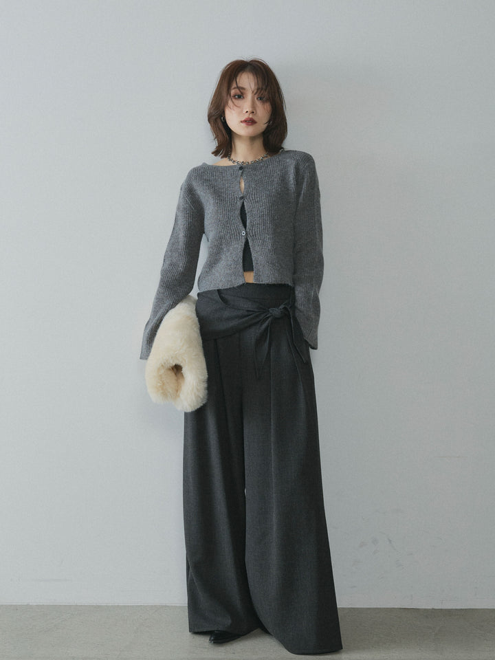 【Allure】[SET]デザインショートニットカーディガン+スカーフ付ワイドパンツ(2set)