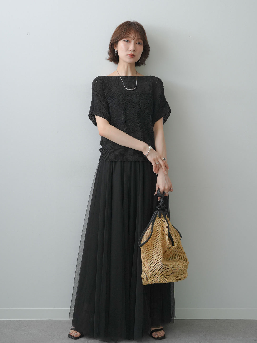 [SET]アイレットサマーニットトップス+チュールボリュームスカート(2set)