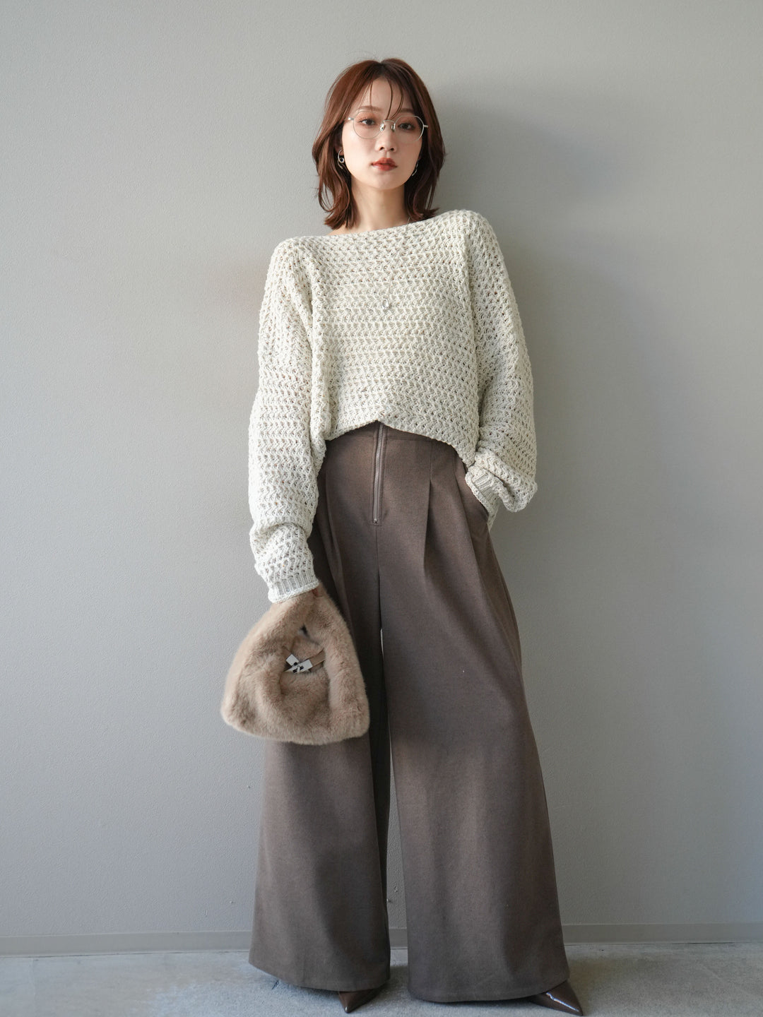 [予約]ネップ透かし編みオーバーニット/ivory