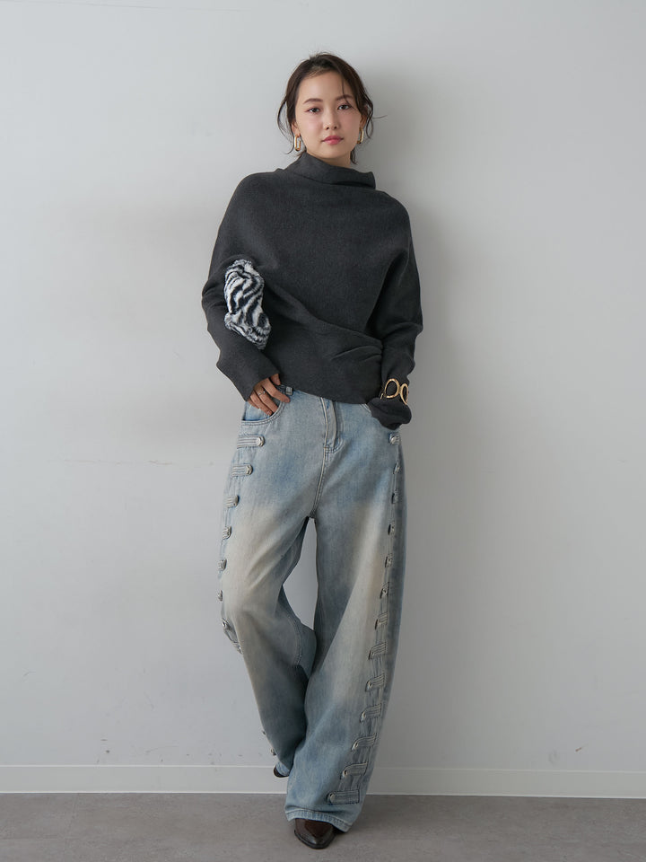 [SET]ハイネックサイドボタンギャザーニットトップス+ハイネックサイドボタンギャザーニットトップス(2set)