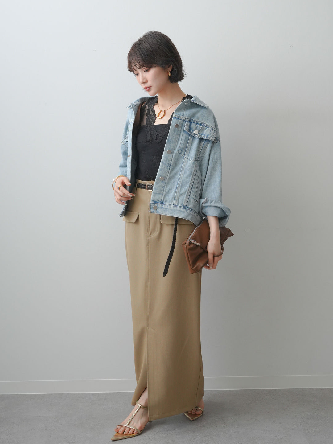 [SET]フラップデザインデニムジャケット+クレープデシンフラップ付きストレートスカート(2set)