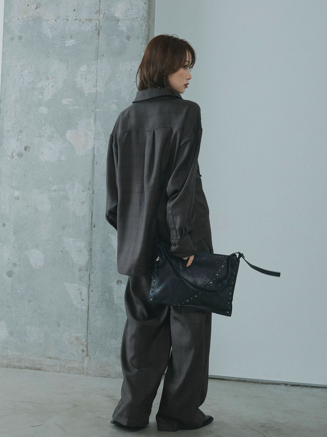 【Allure】[SET]杢チェックZIPシャツジャケット+杢チェックタックパンツ(2set)