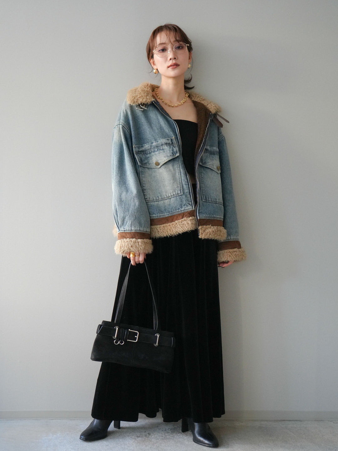 [予約]スタンドカラーファー×デニムジャケット/lightblue