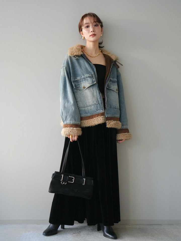 [予約]スタンドカラーファー×デニムジャケット/lightblue