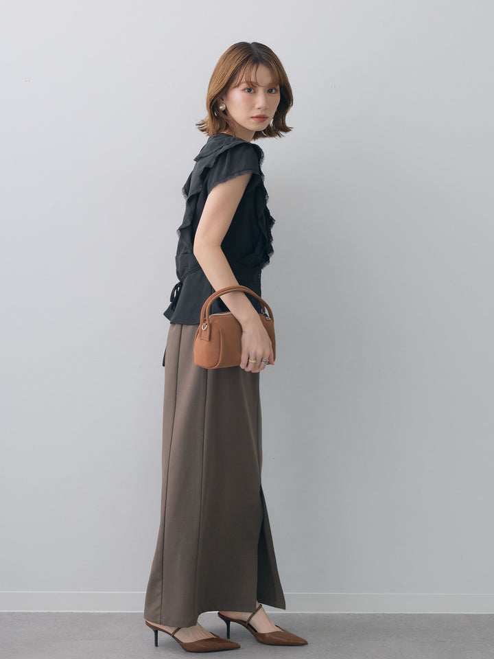[SET]フリルレースデザインフレンチブラウス+クレープデシンフラップ付きストレートスカート(2set)