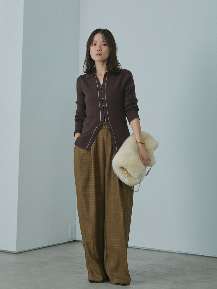 【Allure】[SET]リブ配色ラインポロニットカーディガン+杢チェックタックパンツ(2set)