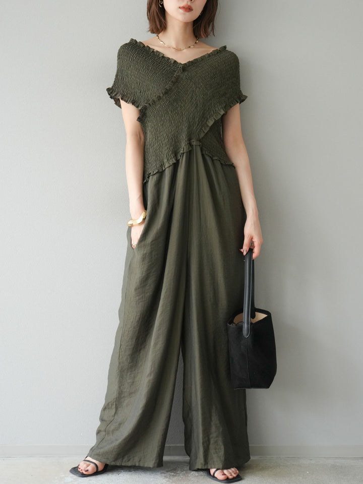 [予約]シャーリングクロスサロペット/カーキ