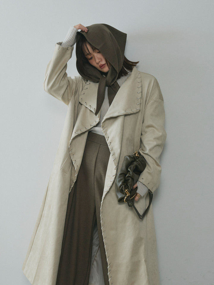 【Allure】[SET]スウェードハンドステッチロングコート+プレーティングハイネックプルオーバー+スカーフ付ワイドパンツ(3set)