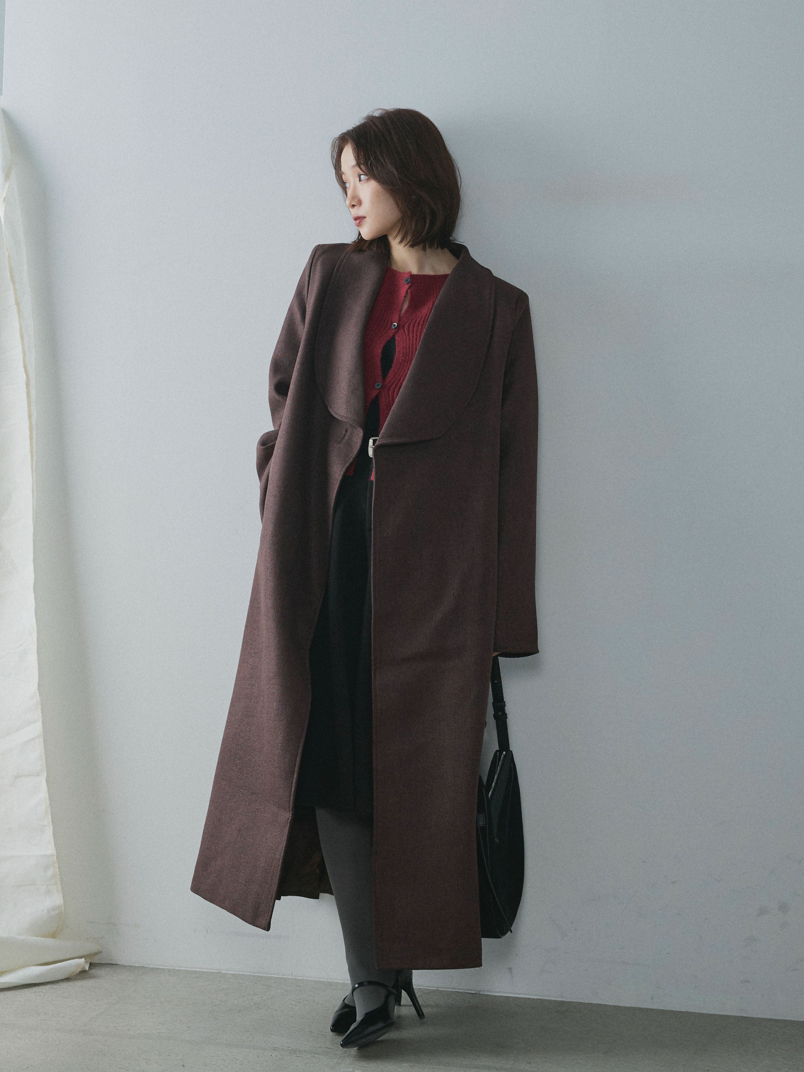 Allure】[SET]ツイードタッチロングコート+ベルト付ウールタッチ
