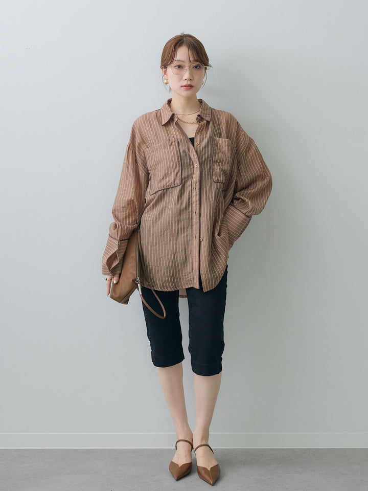 [予約]バイカラートリムオーバーストライプシャツ/brown