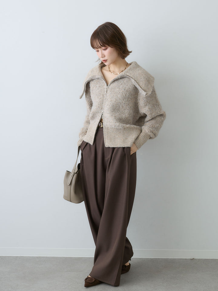 [SET]ビッグカラーシャギーニットブルゾン+ツイルタックワイドパンツ(2set)