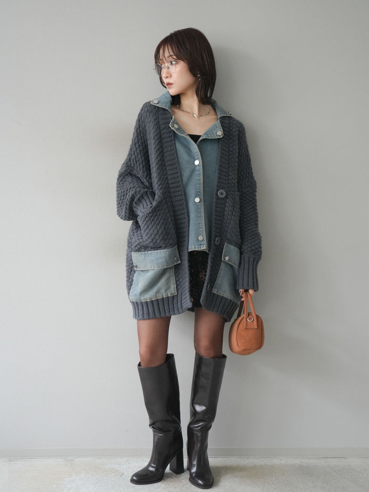 [予約]デニム襟レイヤードニットジャケット/gray