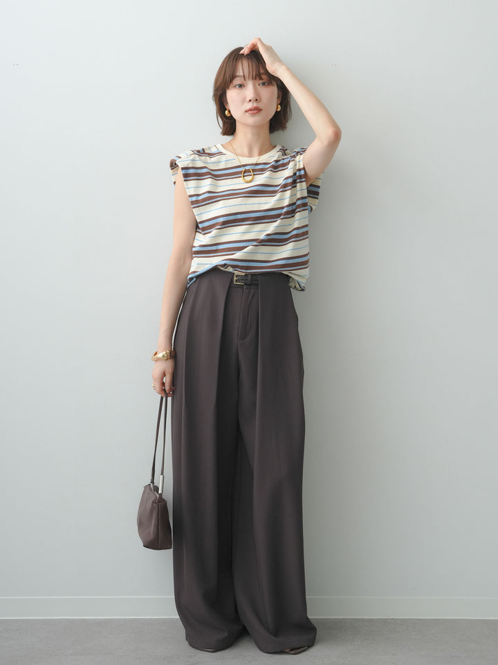 [SET]ショルダーパッドフレンチTEE+ベルトループデザインワイドパンツ(2set)