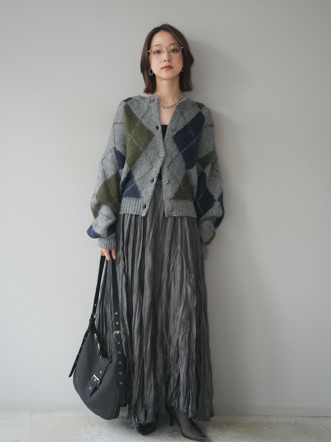 [予約]モヘアタッチアーガイルニットカーディガン/ gray