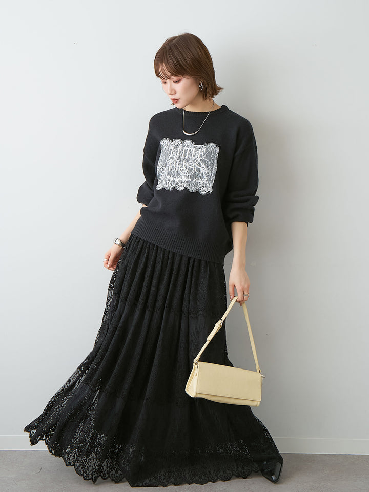 [SET]アルパカタッチ刺繍レースロゴニットプルオーバー+ベロアレースドレープフレアスカート(2set)