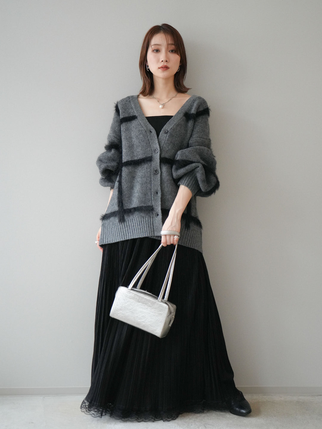 [予約]ミックスシャギーチェックカーディガン/charcoal