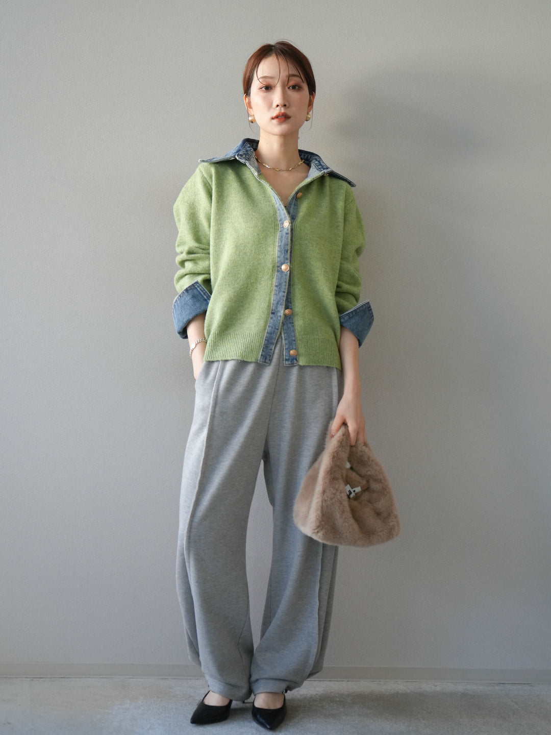 [予約]デニム襟ボタンニットカーディガン/pistachio