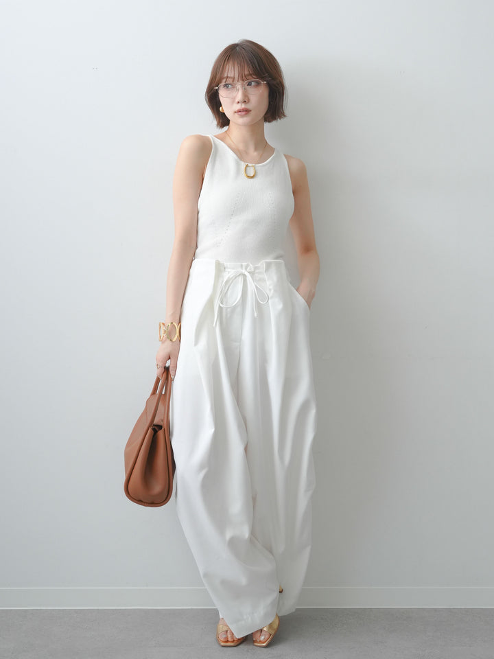 [SET]バックスリットニットタンクトップ+ベルトループカーブタックワイドパンツ(2set)