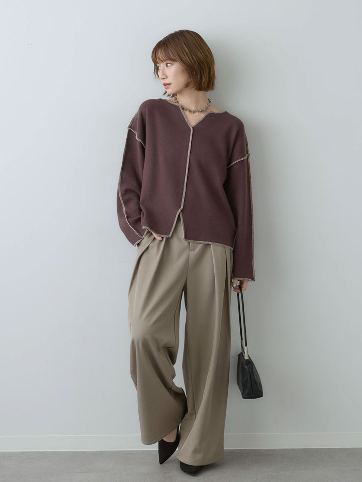 [予約]バイカラーステッチVネックニットトップス/brown