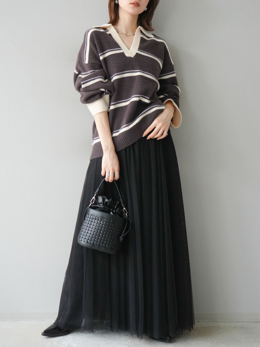 [SET]ポロ襟スキッパーボーダーニットプルオーバー+チュールボリュームスカート(2set)