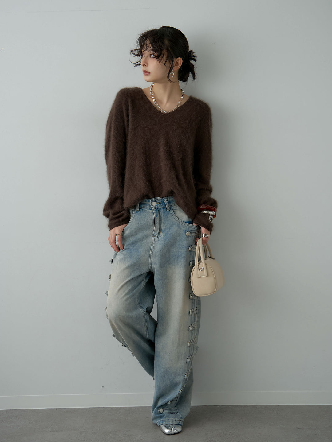 [SET]カシミア混フェザータッチVネックニットトップス+選べるアクセセット(2set)