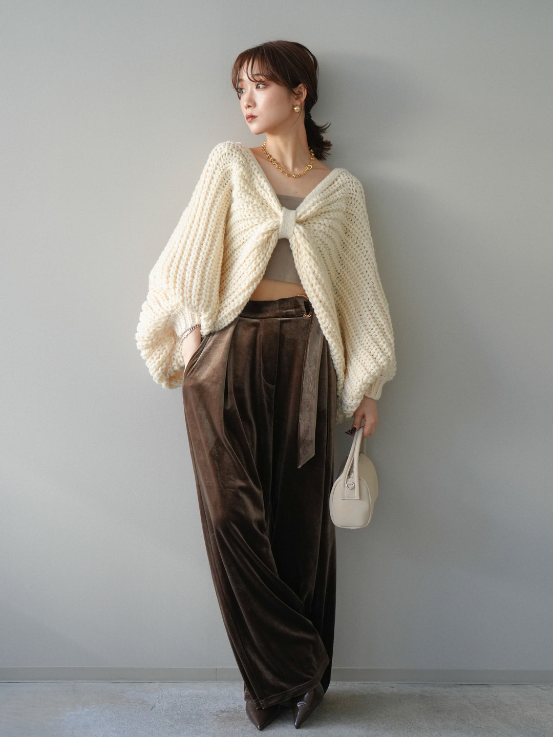 [SET]ローゲージ畦編みドルマンニットボレロ+ベロアベルトスリムパンツ(2set)
