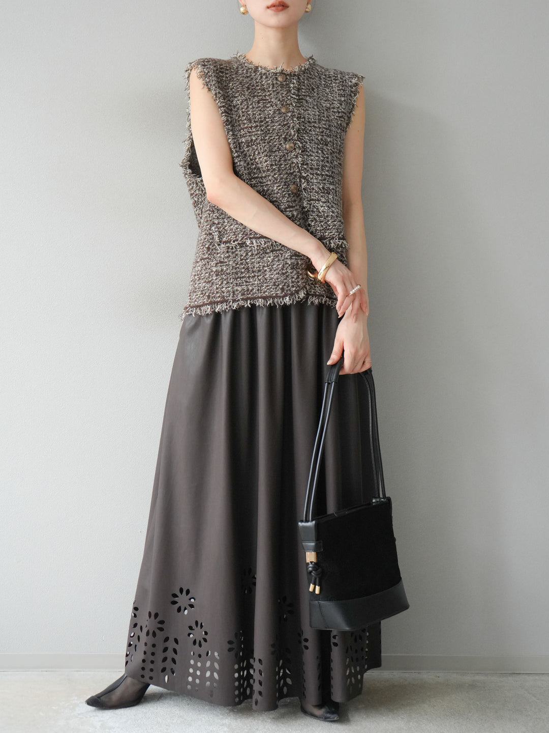 [予約]ミックスツイードフリンジニットベスト/ブラウン