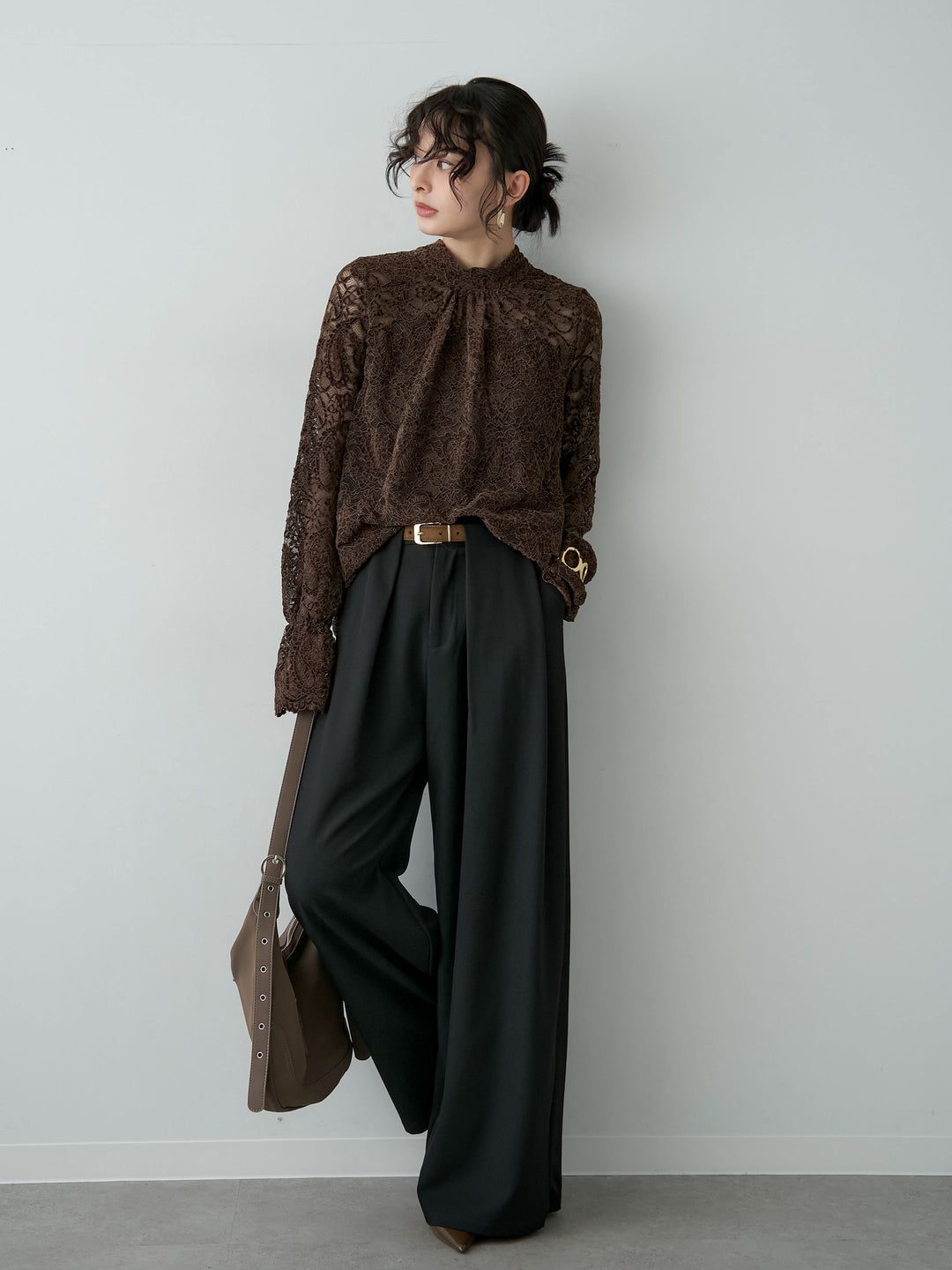[予約]ベロアレースバックリボンブラウス/brown