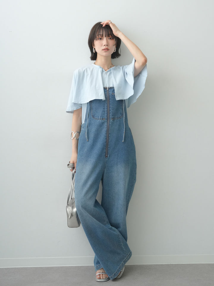 [SET]前後2wayケープTEE+フロントジップデニムサロペット(2set)