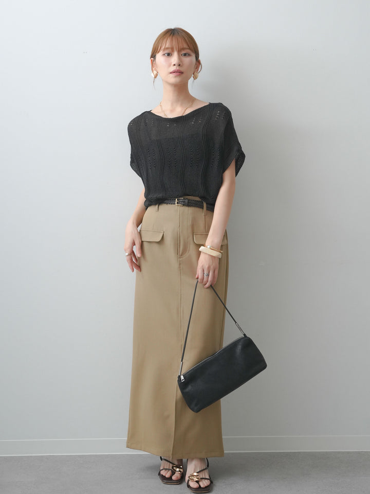 [SET]アイレットサマーニットトップス+クレープデシンフラップ付きストレートスカート(2set)