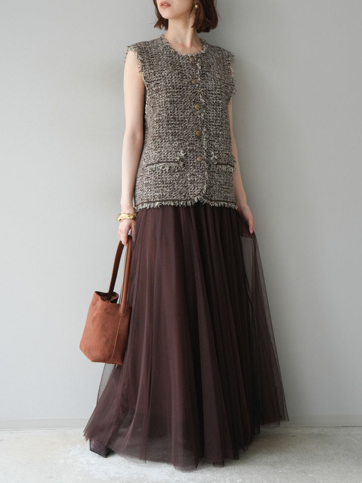 [予約]ミックスツイードフリンジニットベスト/ブラウン