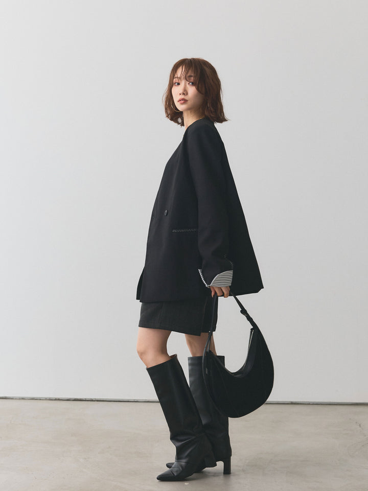 【Allure】[SET]シャツカフスフロントスリットニットプルオーバー+ノーカラーステッチデザインジャケット(2set)