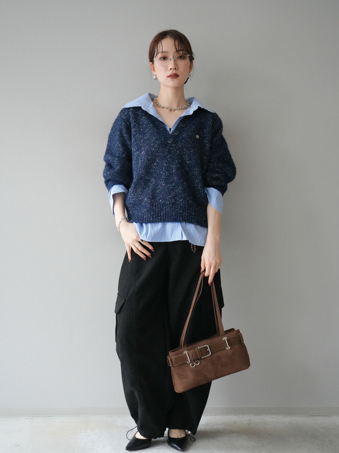 [予約]ストライプシャツドッキングMIXヤーンニットプルオーバー/navy