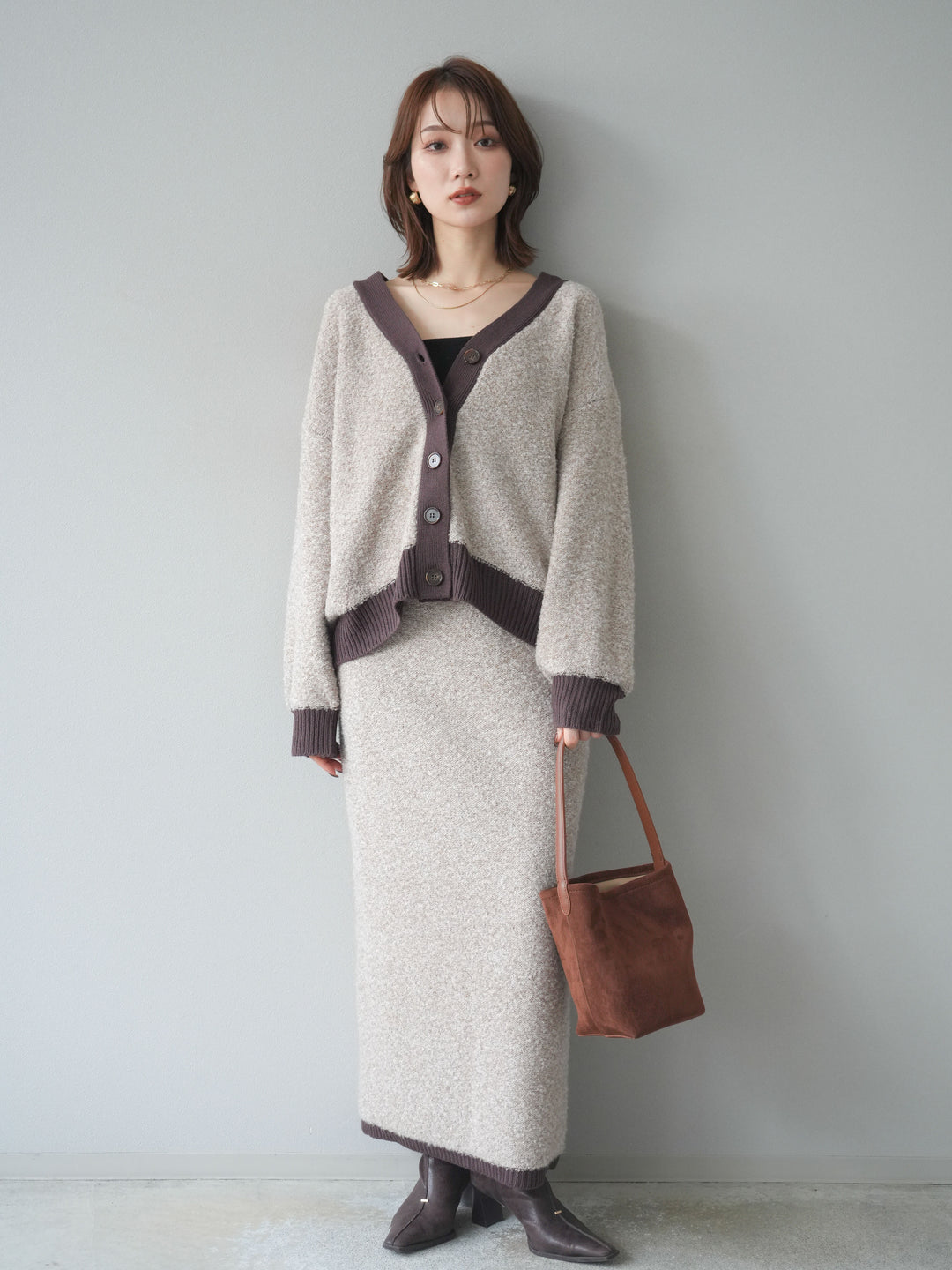 [SET]ブークレバイカラーニットカーディガン+ブークレバイカラータイトニットスカート(2set)