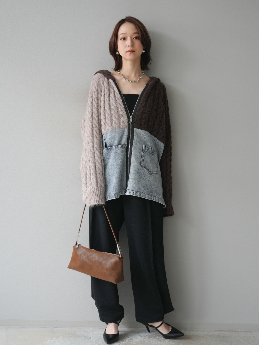 [予約]デニム×バイカラーニットZIPフーディ/brown