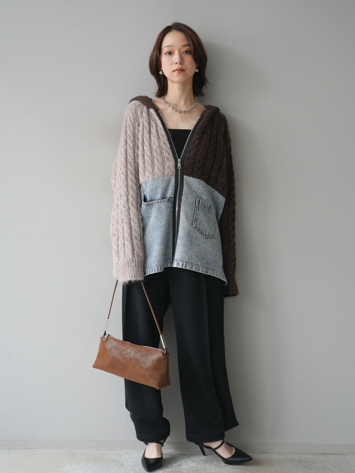 [予約]デニム×バイカラーニットZIPフーディ/brown