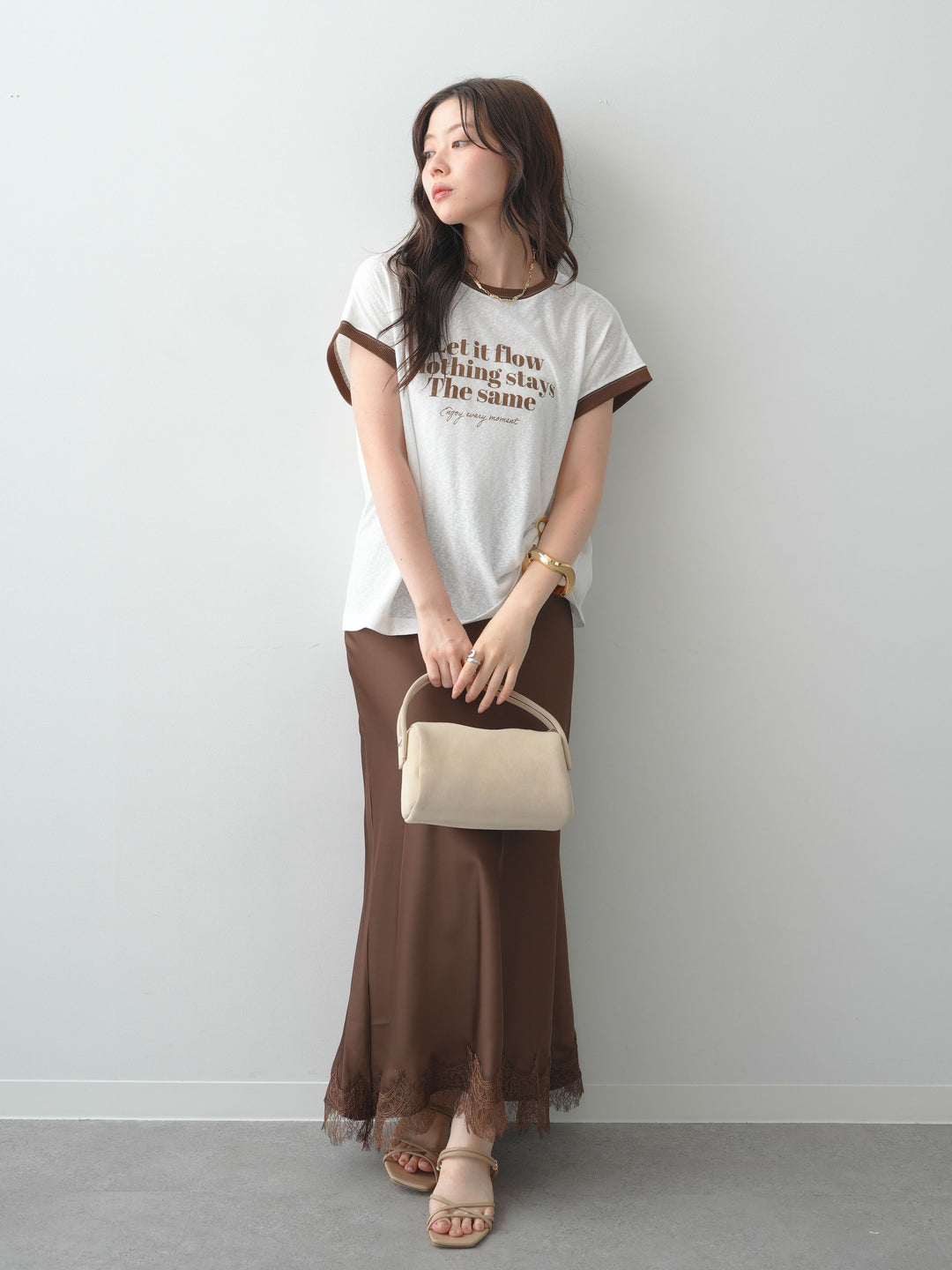 [SET]シアースラブバイカラーフレンチTEE+レースヘムサテンIラインスカート(2set)