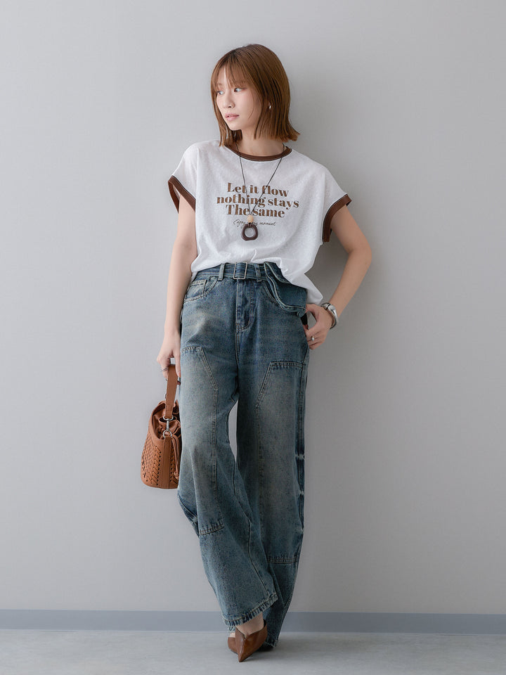 [SET]シアースラブバイカラーフレンチTEE+マルチポーチ付立体カーブデニム(2set)