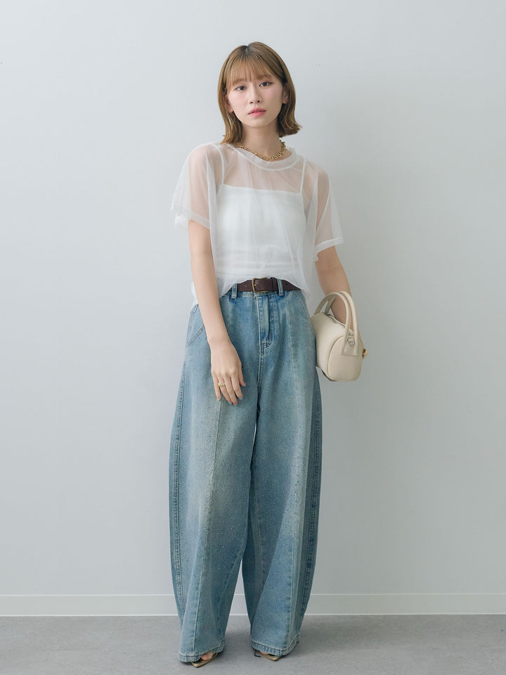 [SET]インナーキャミ付シアーオーバーTEE+フロントビジューカーブデニムパンツ(2set)