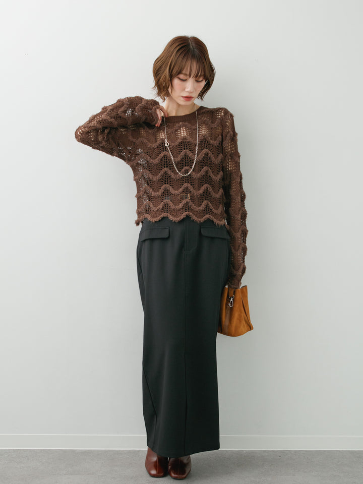 [SET]ウェーブライン透かし編ニットトップス+クレープデシンフラップ付きストレートスカート(2set)