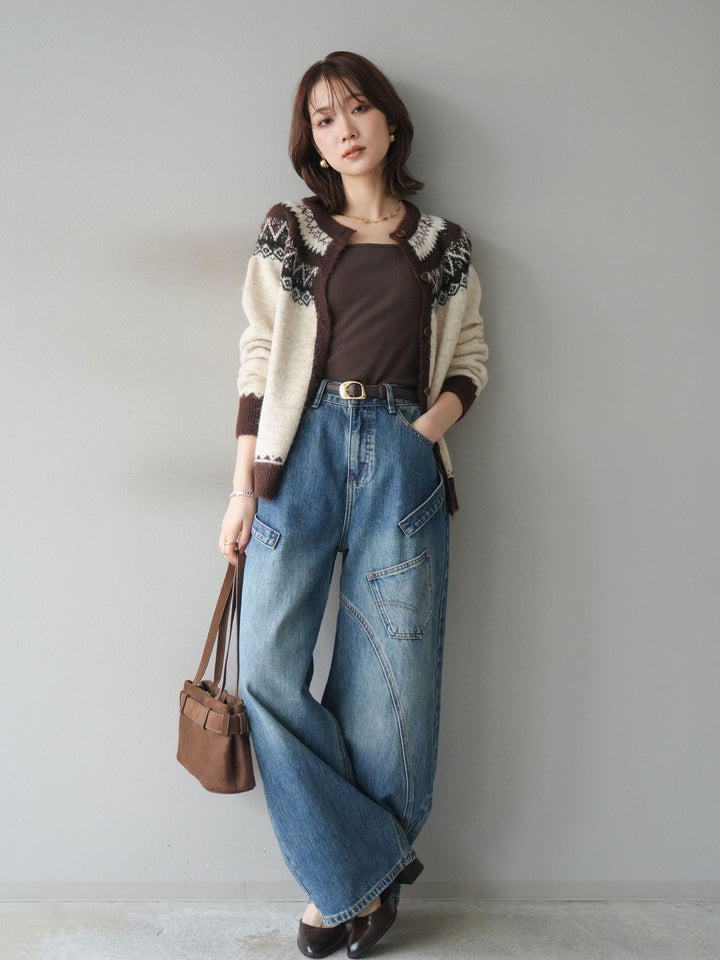 [SET]ノルディック柄ニットカーディガン+ペインターカーブデニムパンツ(2set)