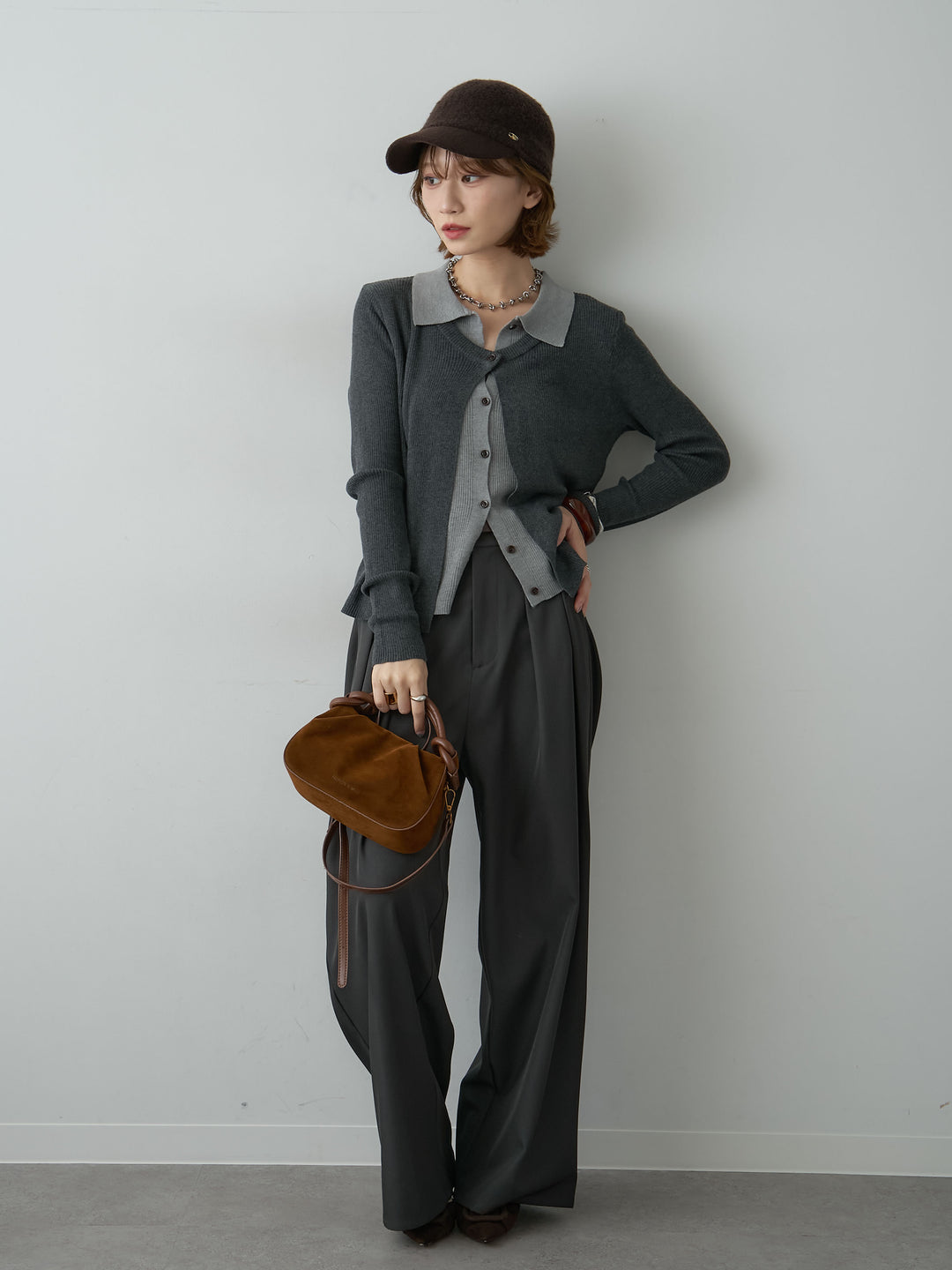 [SET]フロントレイヤードデザインリブニットシャツ+ツイルタックワイドパンツ(2set)