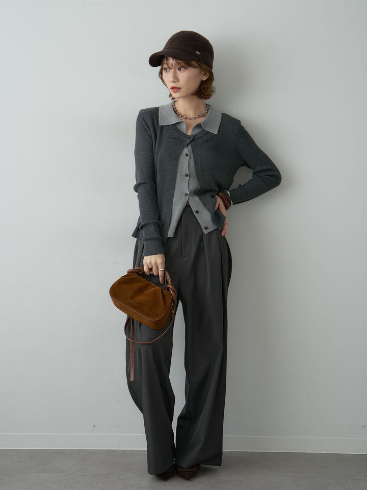 [SET]フロントレイヤードデザインリブニットシャツ+ツイルタックワイドパンツ(2set)