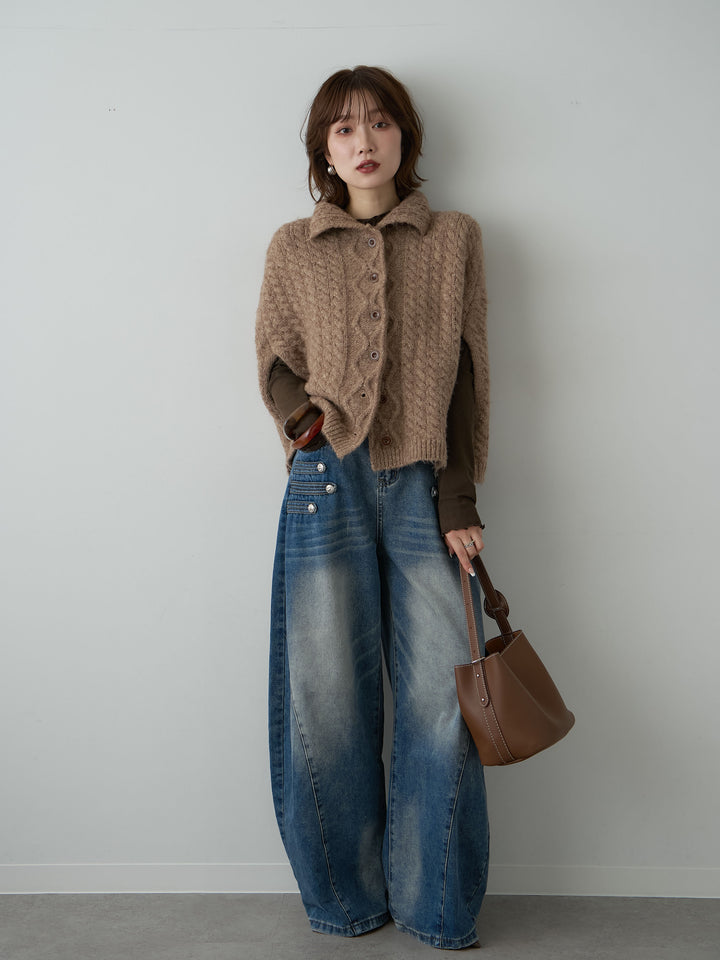 [予約]ケーブルケープニットトップス/brown